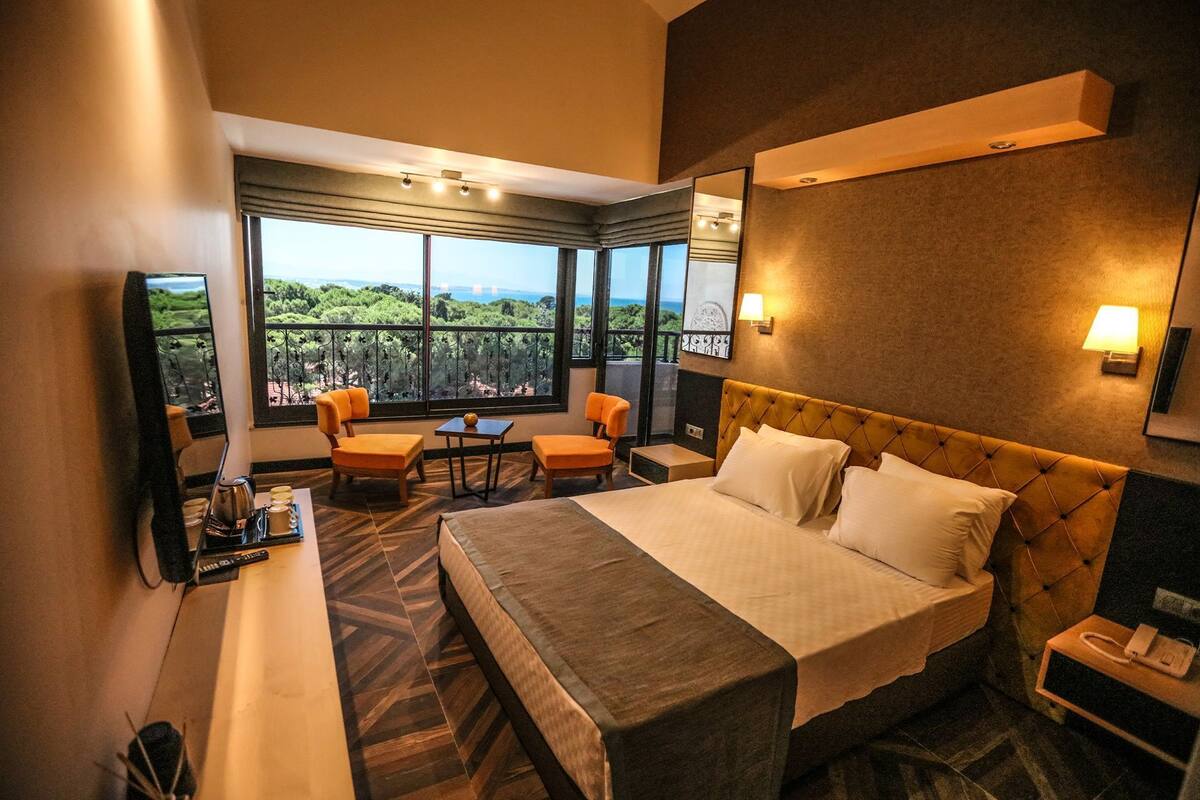 Een hotelkamer met een bed, twee stoelen, een kleine tafel, een bureau met een lamp, en uitzicht op groen en een waterpartij.