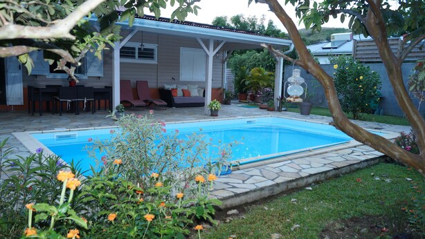 A swimming pool with a stone deck, surrounded by potted plants and flowers. - "Pied à terre to visit the north caribbean" (Le Carbet)