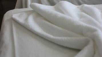 Una habitación de hotel con dos camas, ambas cubiertas con sábanas blancas.