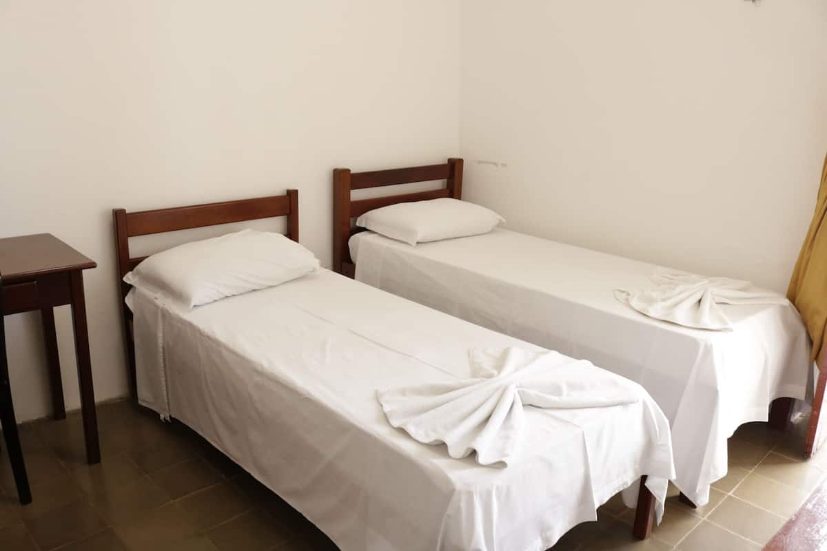 Two single beds with wooden headboards, white linens, and a small wooden table beside each bed.