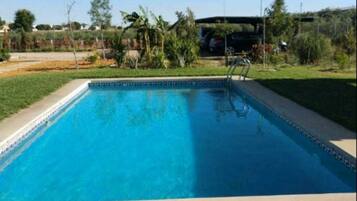 A rectangular swimming pool with clear blue water, surrounded by a well-maintained lawn and some greenery.