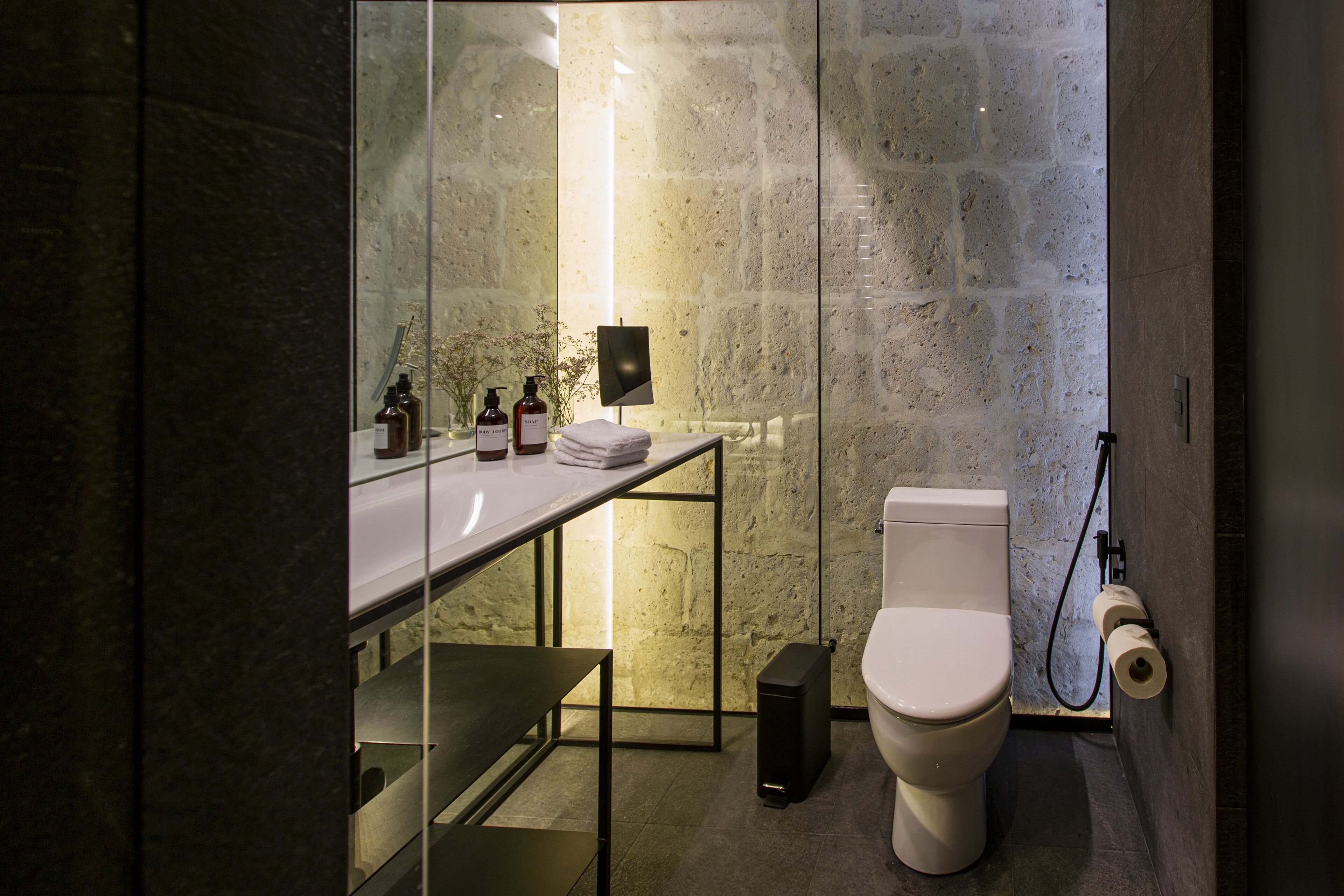 shower, rainfall showerhead, bathrobes, slippers