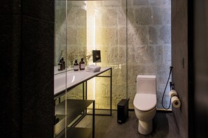 Habitación Deluxe, 1 cama de matrimonio grande, vistas al patio | Baño | Ducha, cabezal de ducha tipo lluvia, albornoces y zapatillas