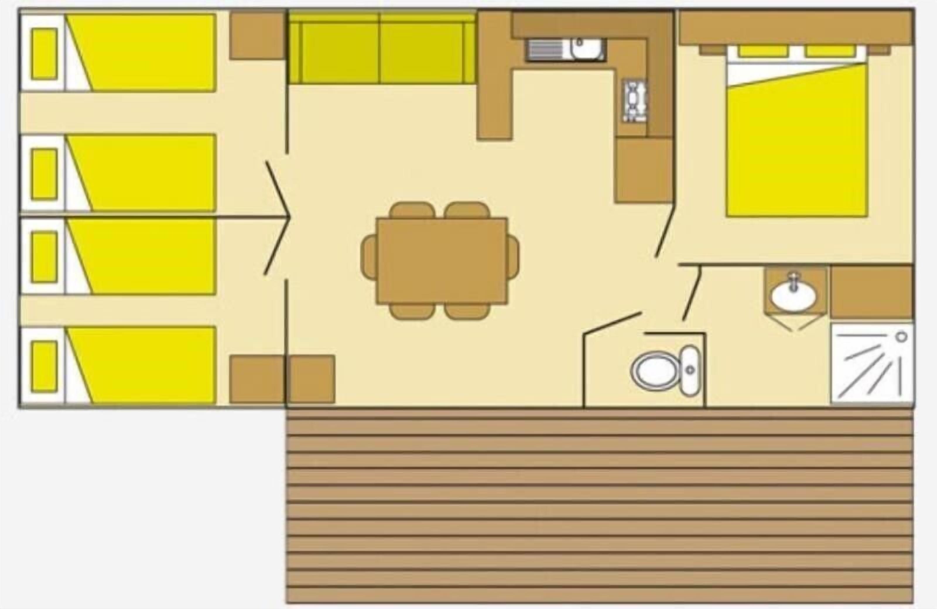 A floor plan of a hotel room with a bed, a small bathroom, a dining area, and a kitchenette.