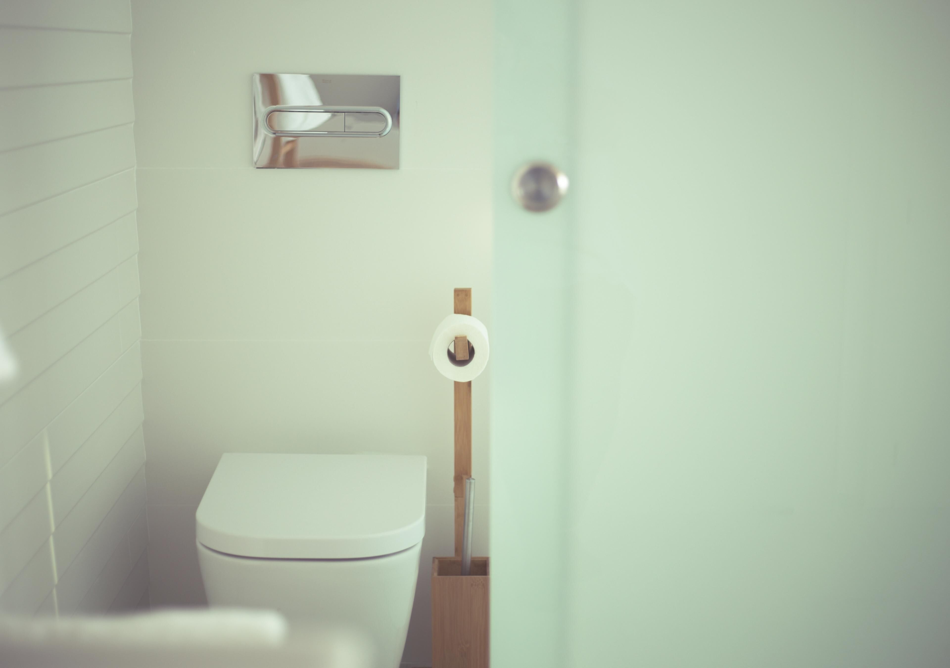 A bathroom with a toilet, a paper towel holder, and a flush handle.