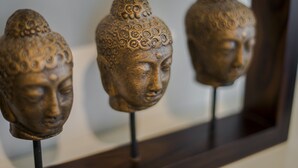 Drie bronzen Boeddha-beeldhoofden, tentoongesteld in een donkere lijst.