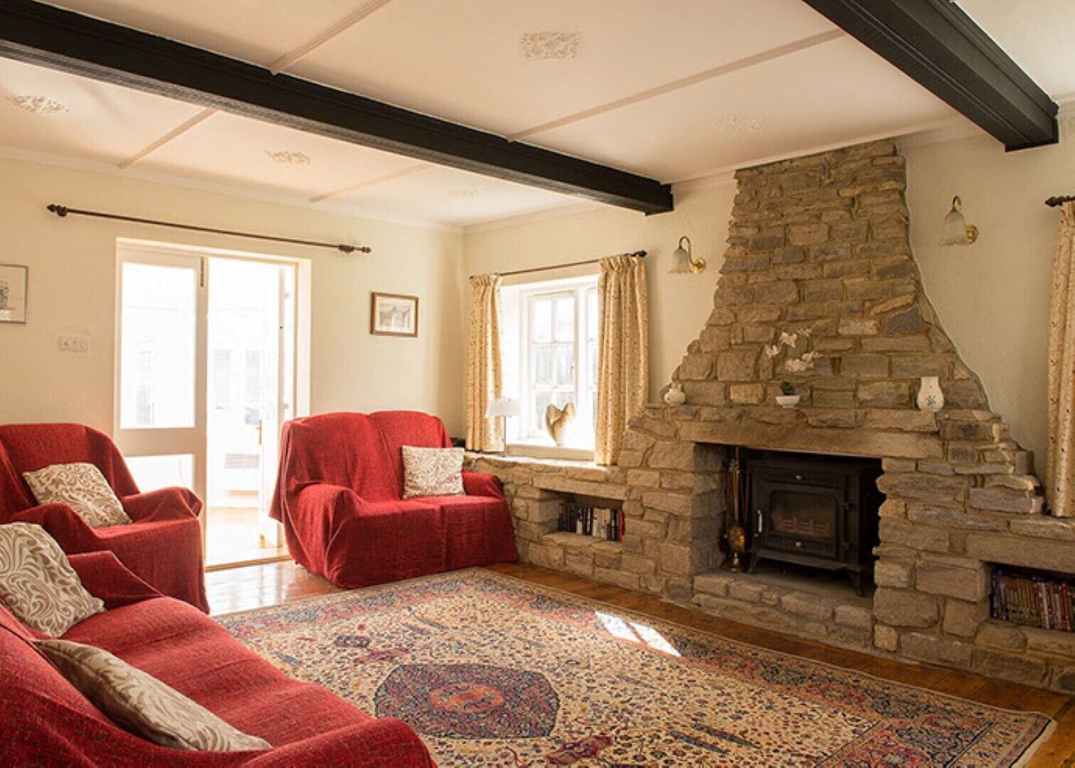 TV, fireplace, DVD player, books