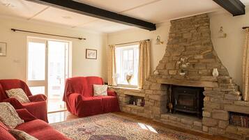 TV, fireplace, DVD player, books