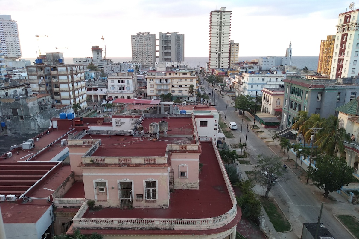 A cityscape with various buildings, including a prominent white building with a red roof and a large white building with a blue dome.