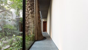 A narrow corridor with a stone wall on one side and a glass wall on the other, leading to a wooden door at the end. - Casa 9 (Mexico City)