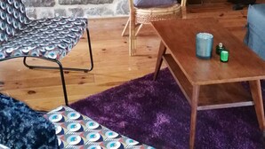 Un salon chaleureux avec une cheminée en pierre, un fauteuil à motifs, une table en bois et un tapis bleu.