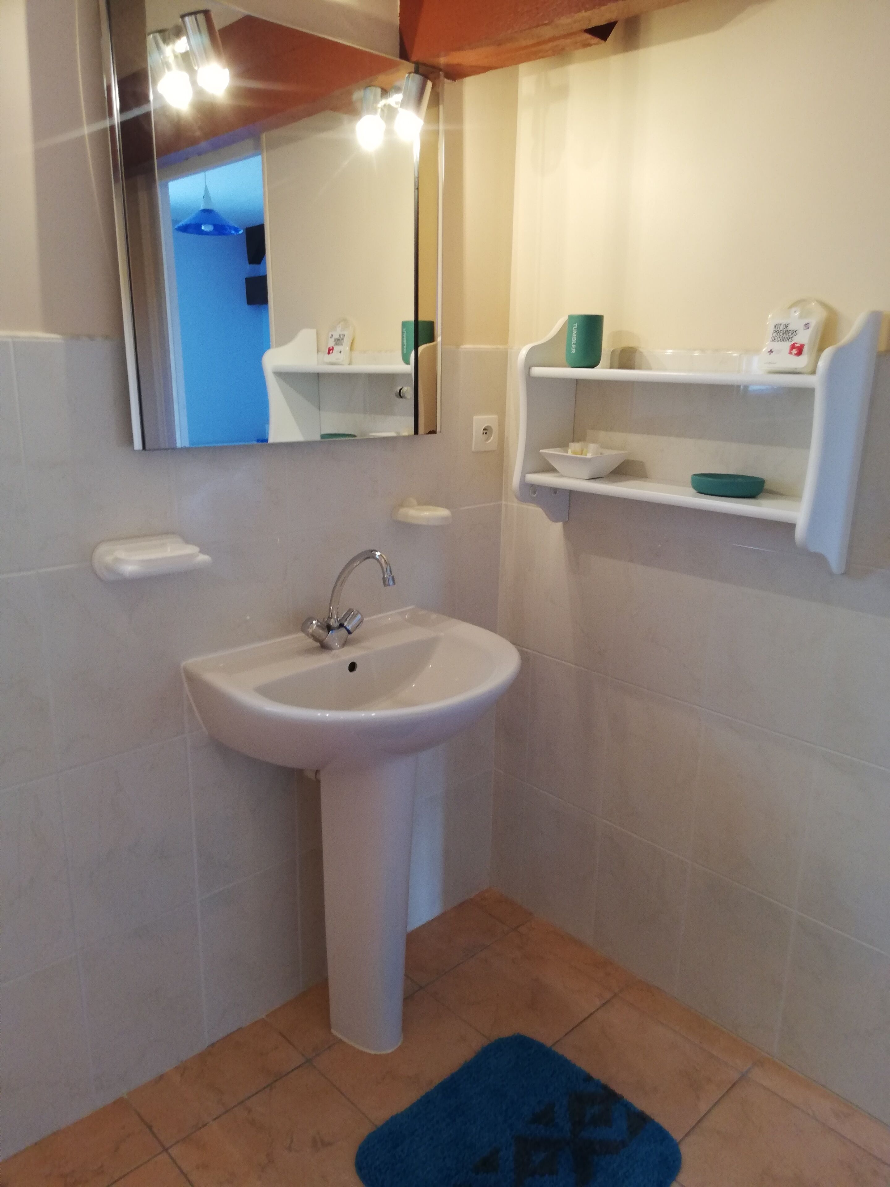 A bathroom with a white sink, a mirror, and a shelf with toiletries.