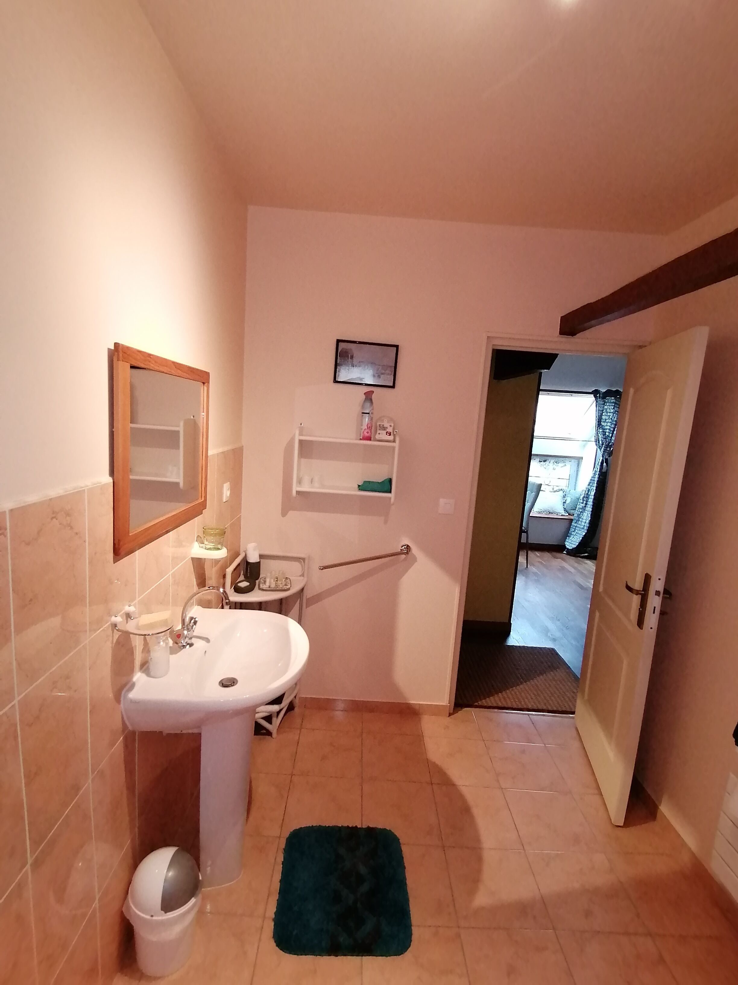 A bathroom with a sink, mirror, and a small shelf with toiletries.