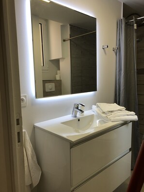 Douche, séchoir à cheveux, serviettes fournies, savon