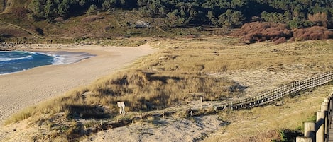 Una playa con un paseo marítimo de madera que conduce a la orilla, rodeada de dunas cubiertas de hierba y un promontorio boscoso.