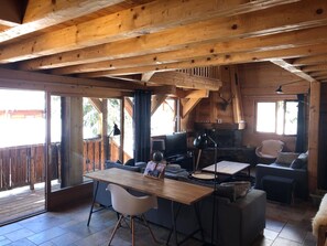 Télévision, cheminée, lecteur de DVD, livres