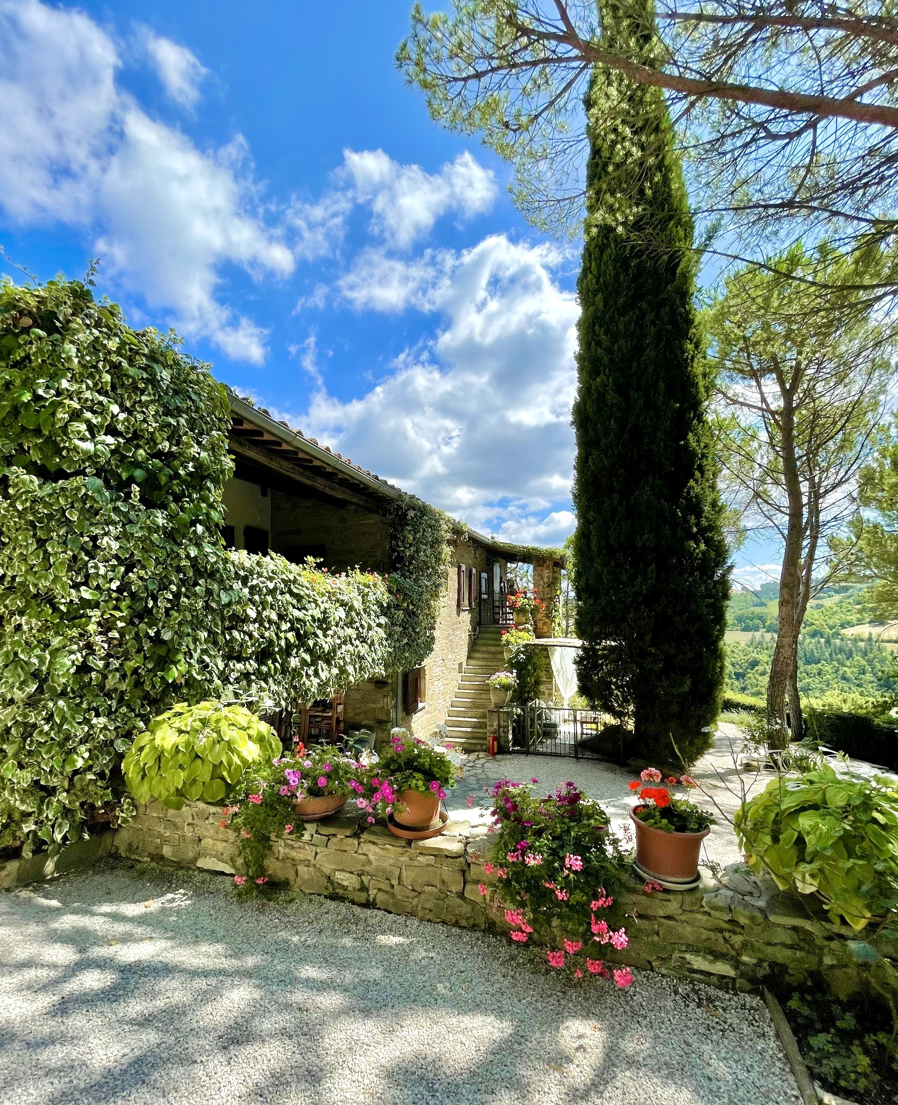 Un bâtiment en pierre doté d’un escalier extérieur abrité, entouré d’une végétation luxuriante et de plantes en pot.
