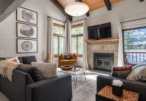 A modern living room with a fireplace, large windows, and a flat-screen TV.