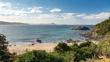 A coastal landscape with a sandy beach, rocky outcrops, and dense greenery.