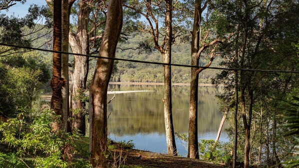 Un lago tranquilo rodeado de árboles frondosos y un puente al fondo.