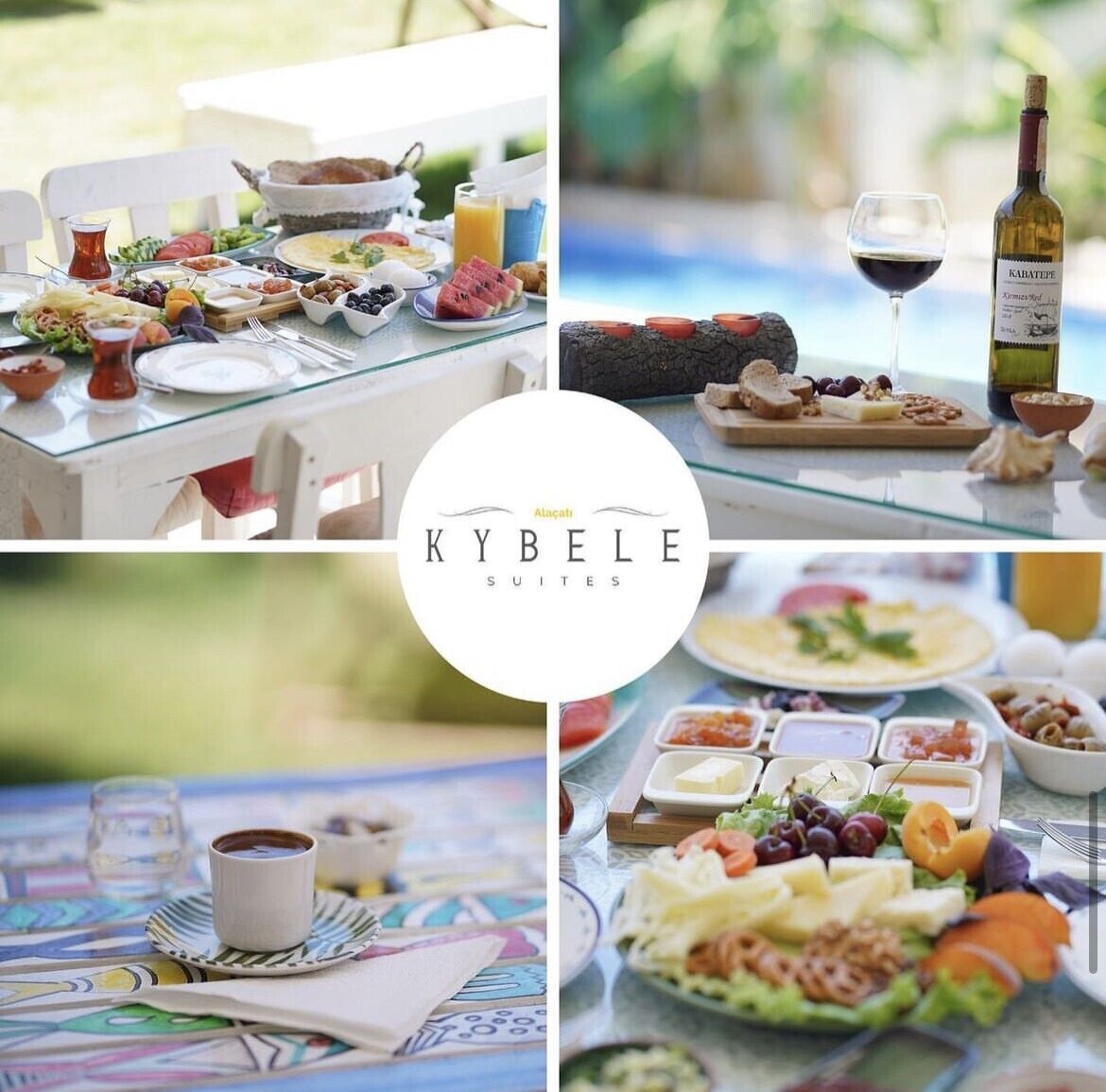 A table set with various dishes, a bottle of wine, and a cup of coffee, suggesting a dining experience.
