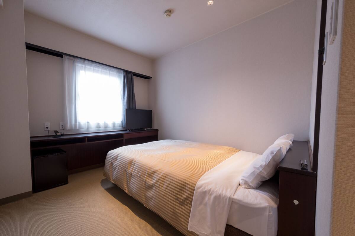 A hotel room with a bed, a desk, a television, and a window with curtains.