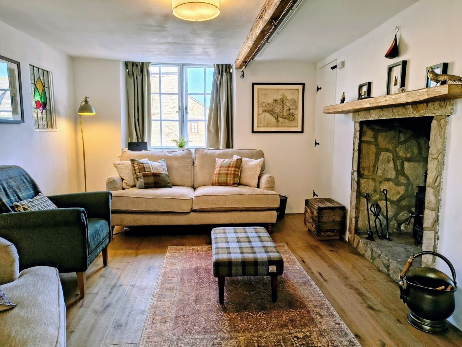 TV, fireplace, books