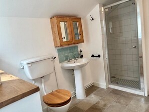 Une salle de bain comprenant des toilettes, un lavabo, un meuble en bois et un espace douche.