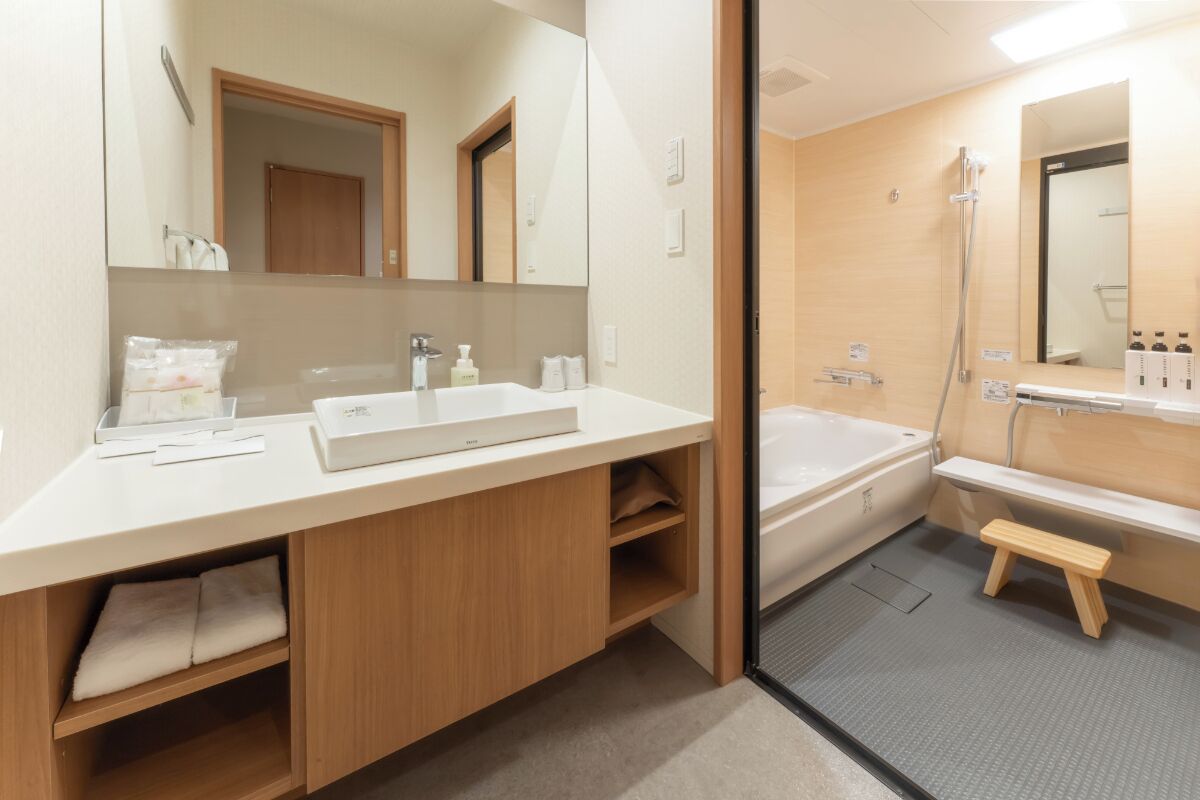 combined shower/bathtub, free toiletries, hair dryer, slippers