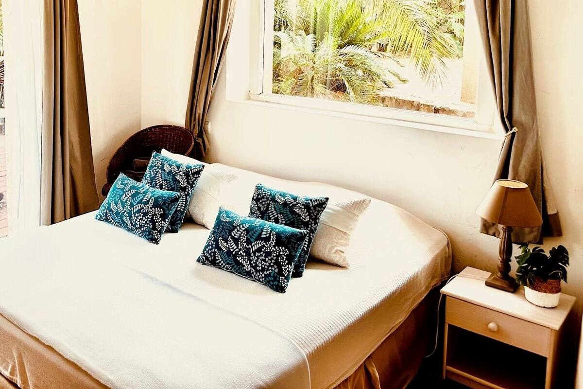 Una cama bien tendida con almohadas estampadas en azul, una lámpara de noche y una ventana con vistas a zonas verdes.