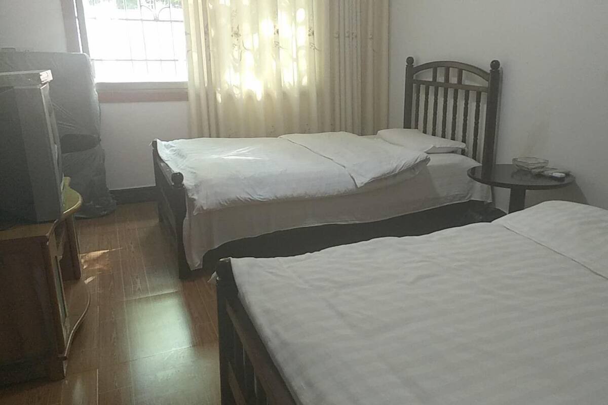 A hotel room with two single beds, a wooden headboard, a small round table with a bowl, and a television on a wooden stand.