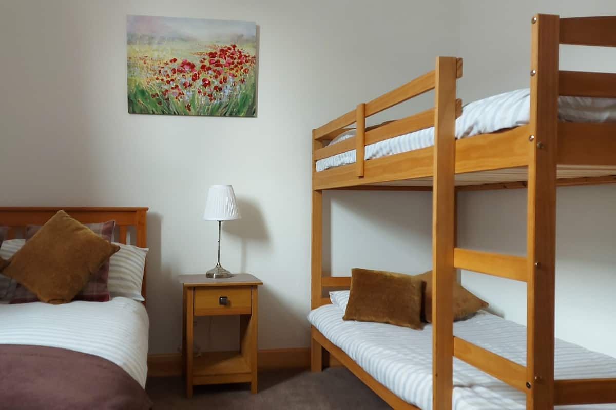 A bedroom with a single bed, a nightstand, a lamp, and a bunk bed.