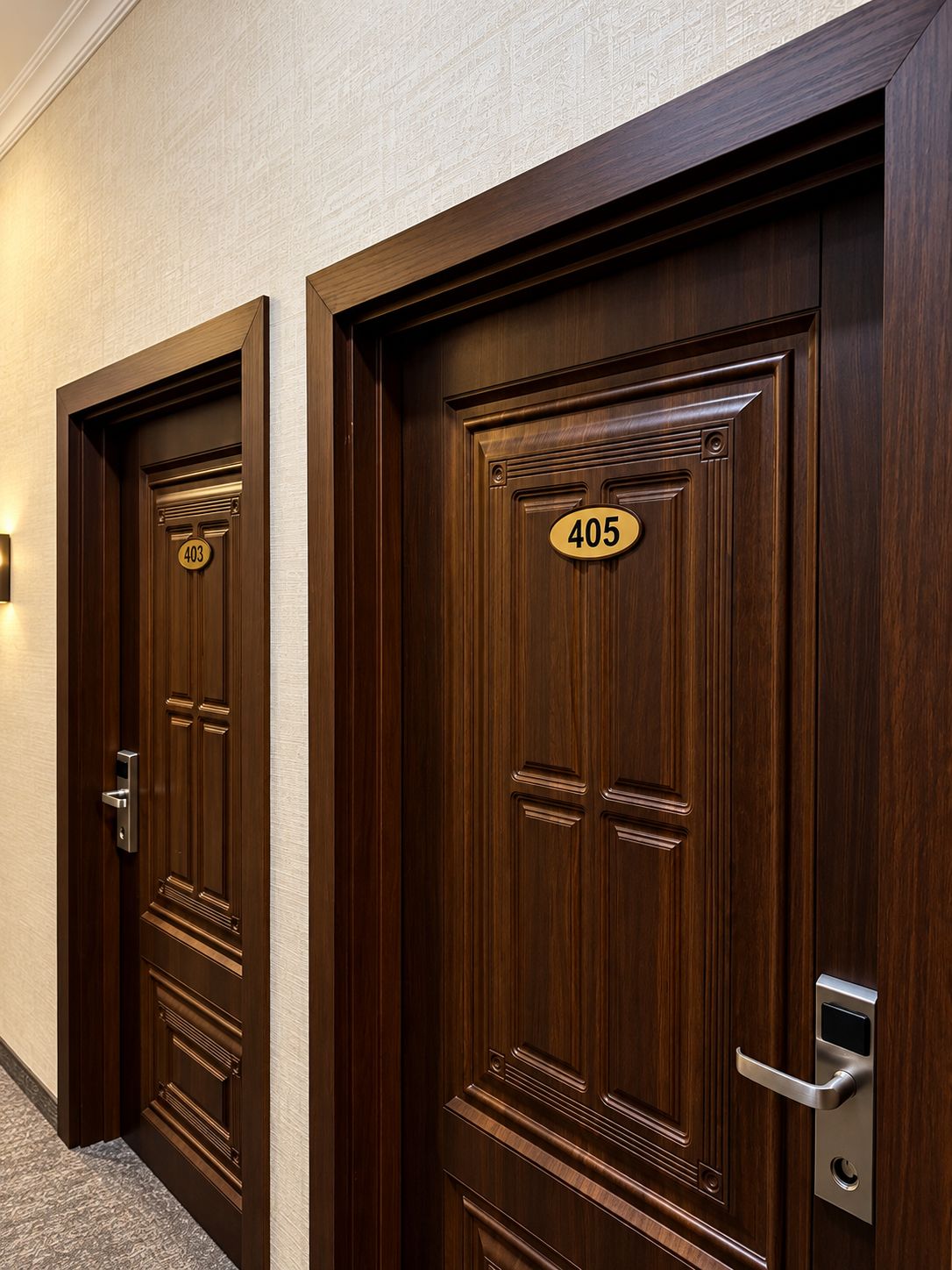Two wooden doors with numbers 403 and 405, both featuring a modern handle and a keyhole.