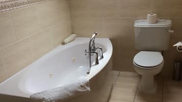 A bathroom with a freestanding bathtub, a toilet, and a skylight above the bathtub.