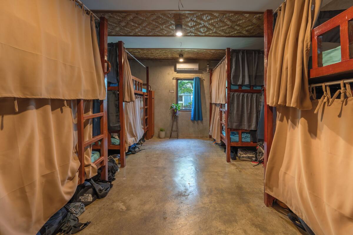 A narrow corridor with bunk beds on either side, a ladder, and a small window with a plant.