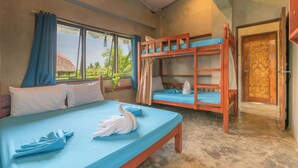 A room with a bed, a bunk bed, and a window with curtains. - Sinag Hostel - Adults Only (General Luna)