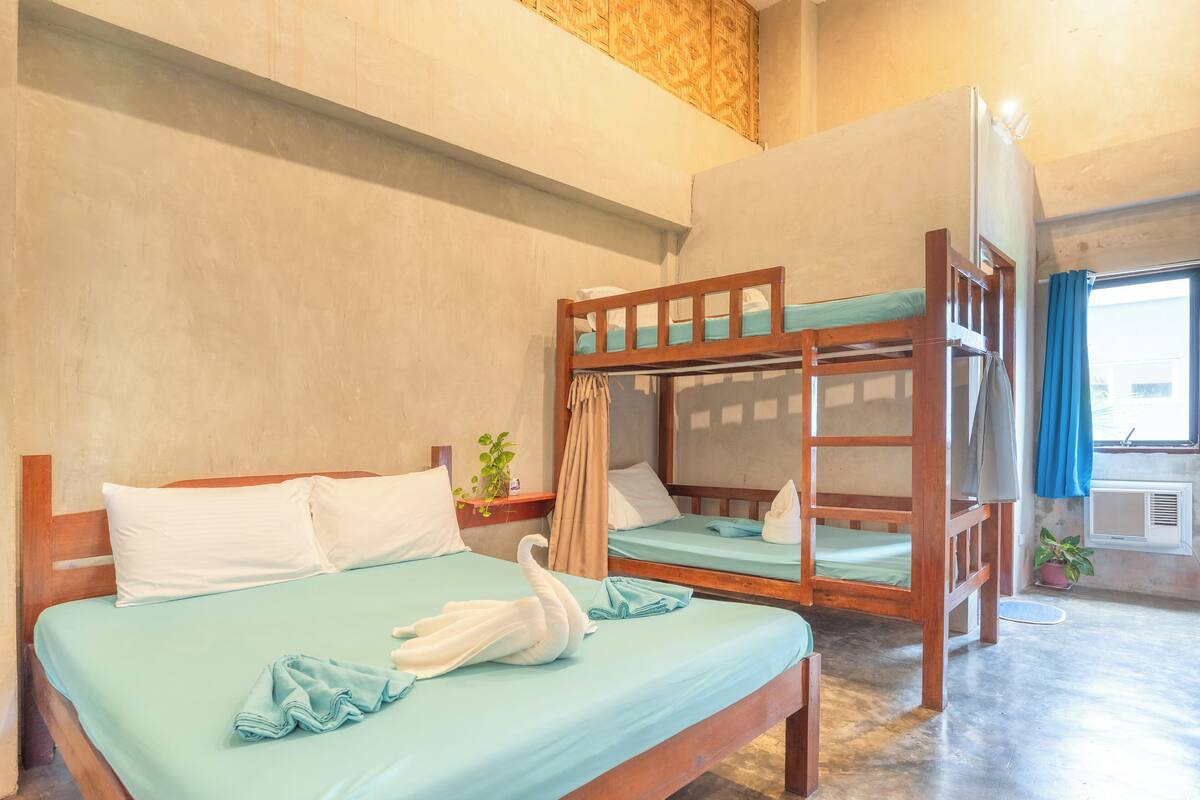 A room with bunk beds, a swan-shaped towel, and a potted plant.