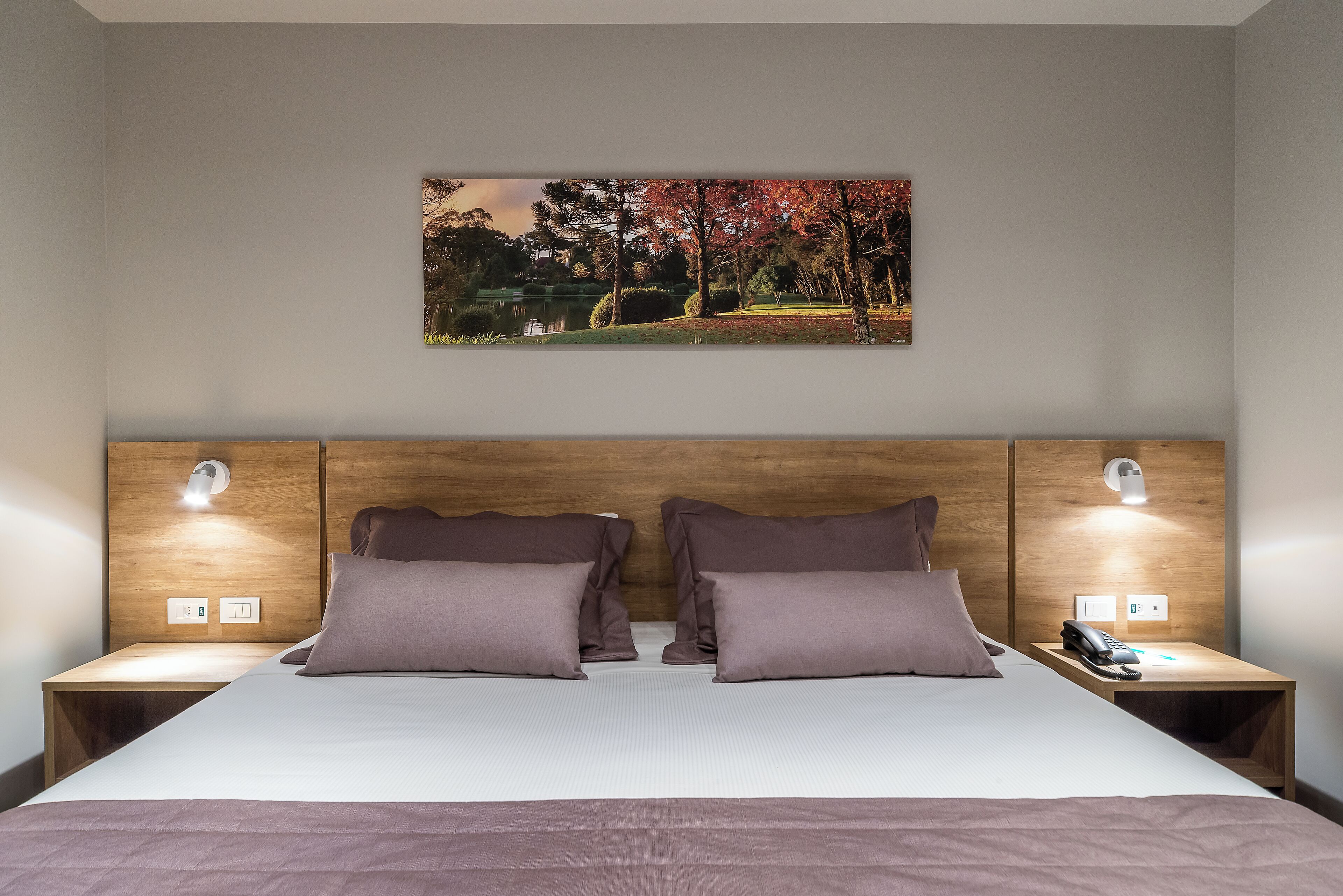 Habitación de hotel con cabecera de madera, dos mesitas de noche con lámparas, cama con edredón blanco y dos almohadas, y un cuadro de una escena de parque en la pared.