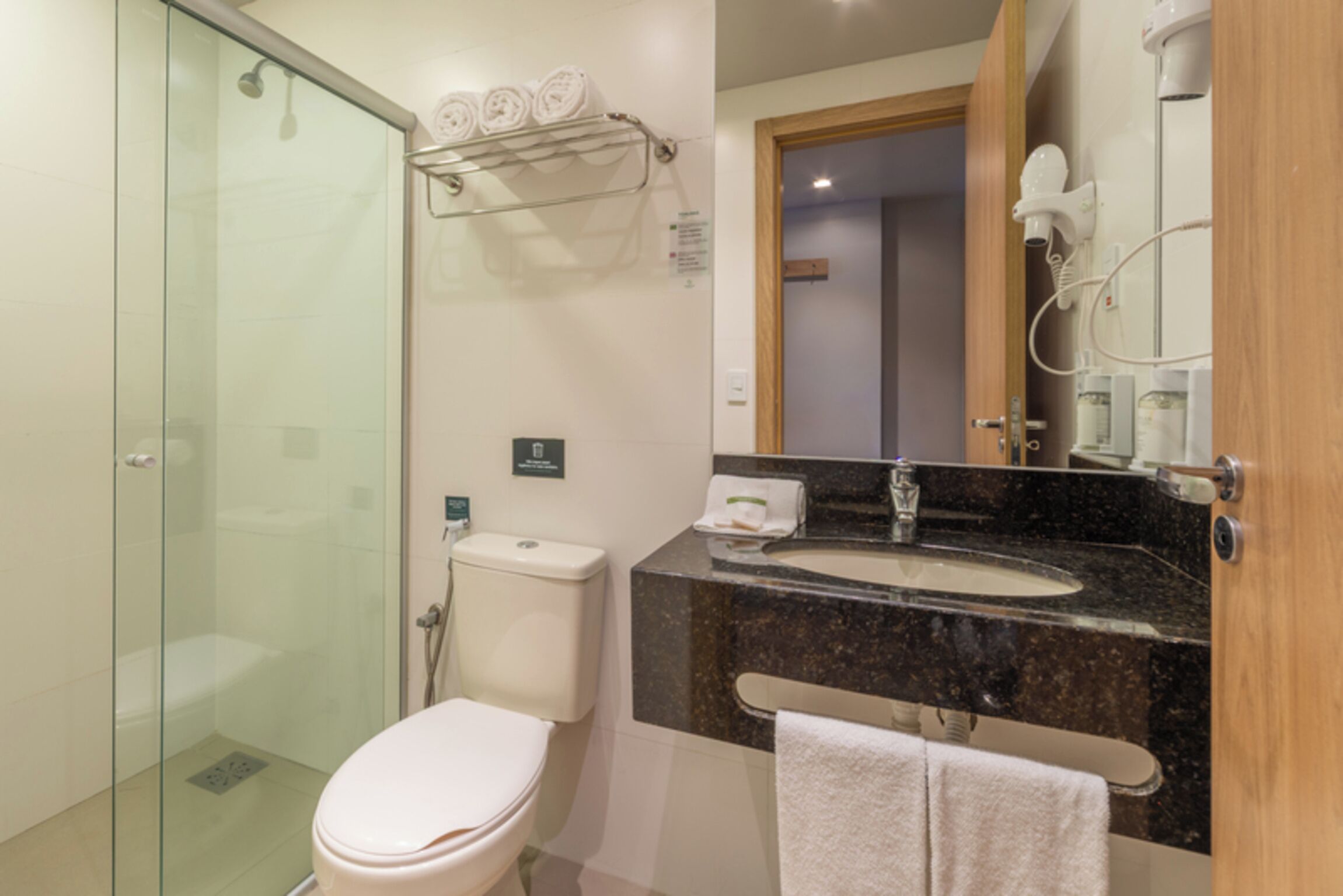 Un baño moderno con cabina de ducha de vidrio, inodoro blanco, lavamanos de mármol negro y un perchero para toallas.