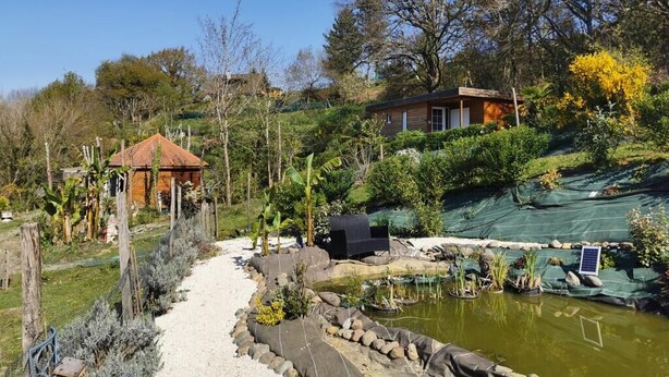Un jardín con un estanque, una estructura de madera y una casa al fondo.