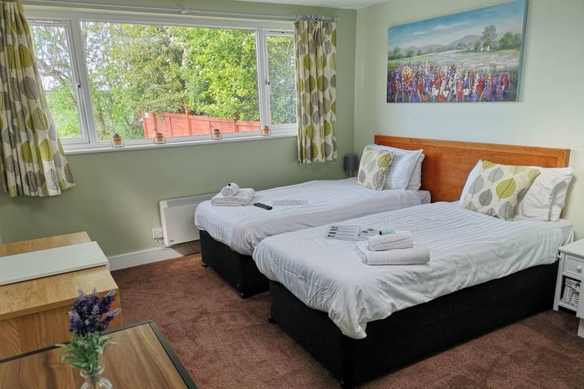 Quarto de hotel com duas camas, uma escrivaninha de madeira, um vaso com flores e um quadro na parede.