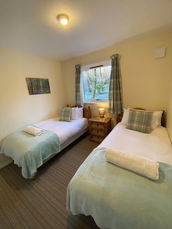 A twin room with two single beds, a bedside table with a lamp, a window with curtains, and a painting on the wall. - Burnbank Lodges (Spean Bridge)