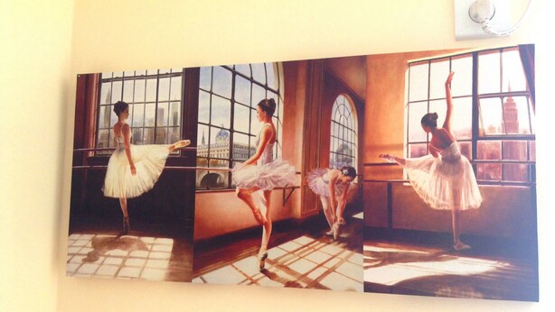 A triptych painting of ballerinas in a ballet studio with large windows and a piano. - Arendalzrail Apartments - Bar Shaul St. 6 (Bat Yam)
