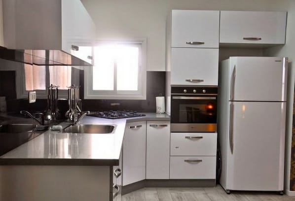 Familie appartement, 3 slaapkamers | Privékeuken | Een koelkast met diepvriezer, een microgolfoven, een oven, een kookplaat