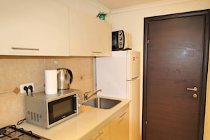 A compact kitchen with a microwave, kettle, and sink. - Arendalzrail Apartments Rothschild St.33 (Bat Yam)