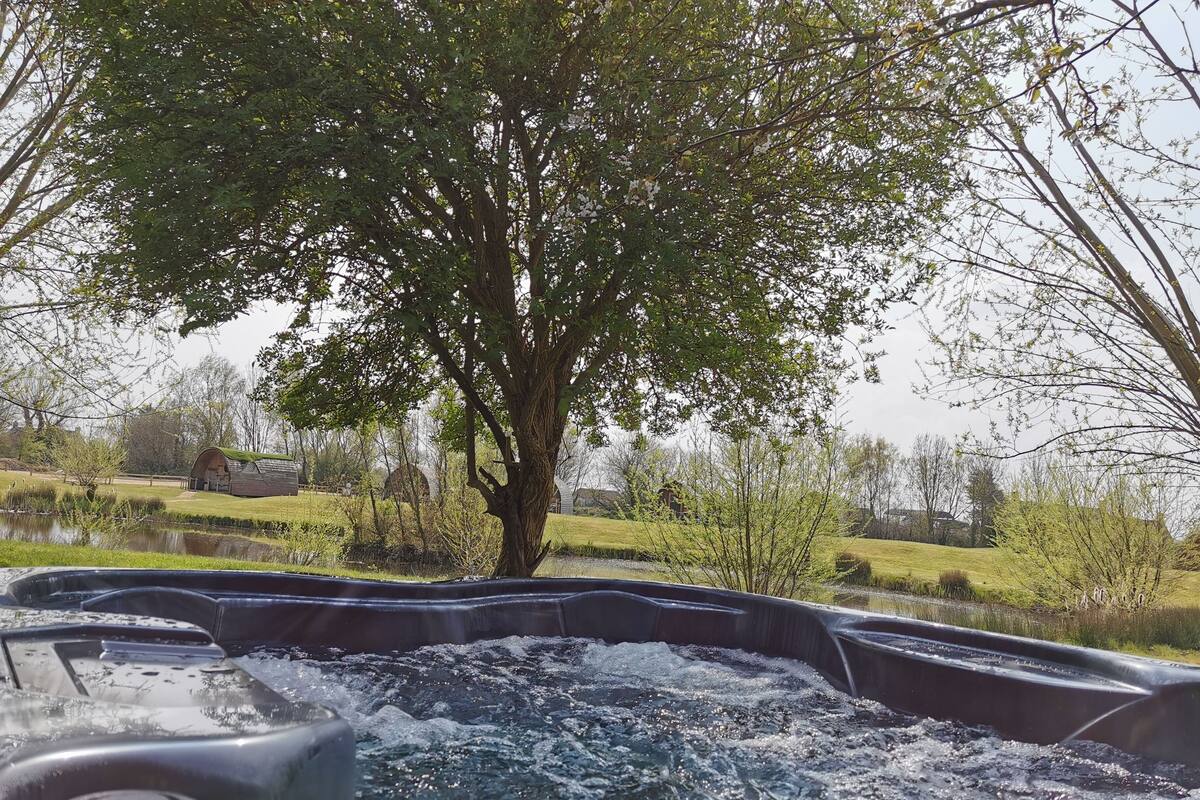 Una vasca idromassaggio con vista su un albero e un'area verde sullo sfondo.