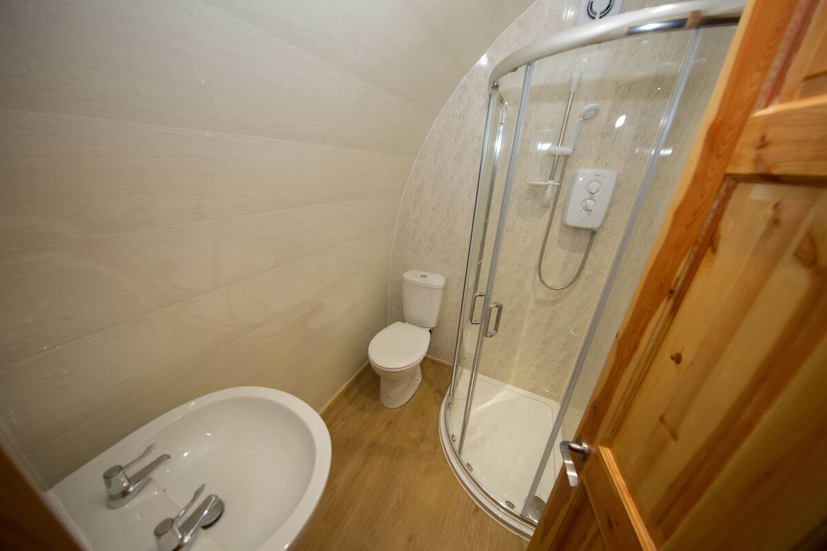 Bagno con vasca, WC e doccia vetrata.