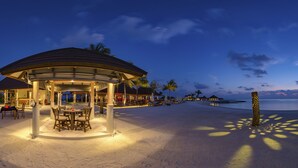 A beachside restaurant with outdoor seating, palm trees, and a view of the ocean.