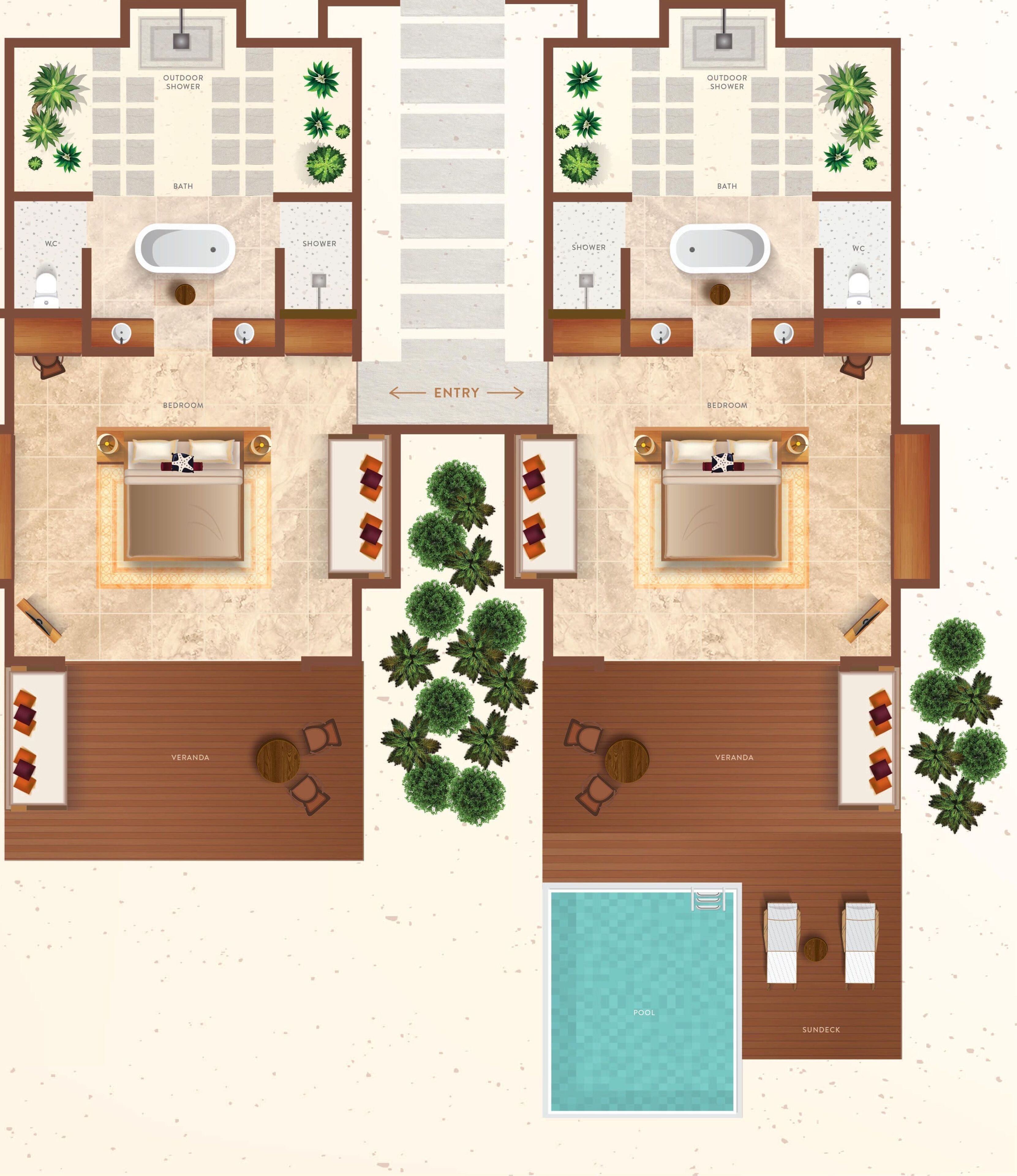 Distribución de un hotel con dos habitaciones, dos baños, piscina y terraza solárium.