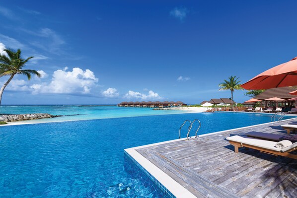 Piscina externa, guarda-sóis, espreguiçadeiras